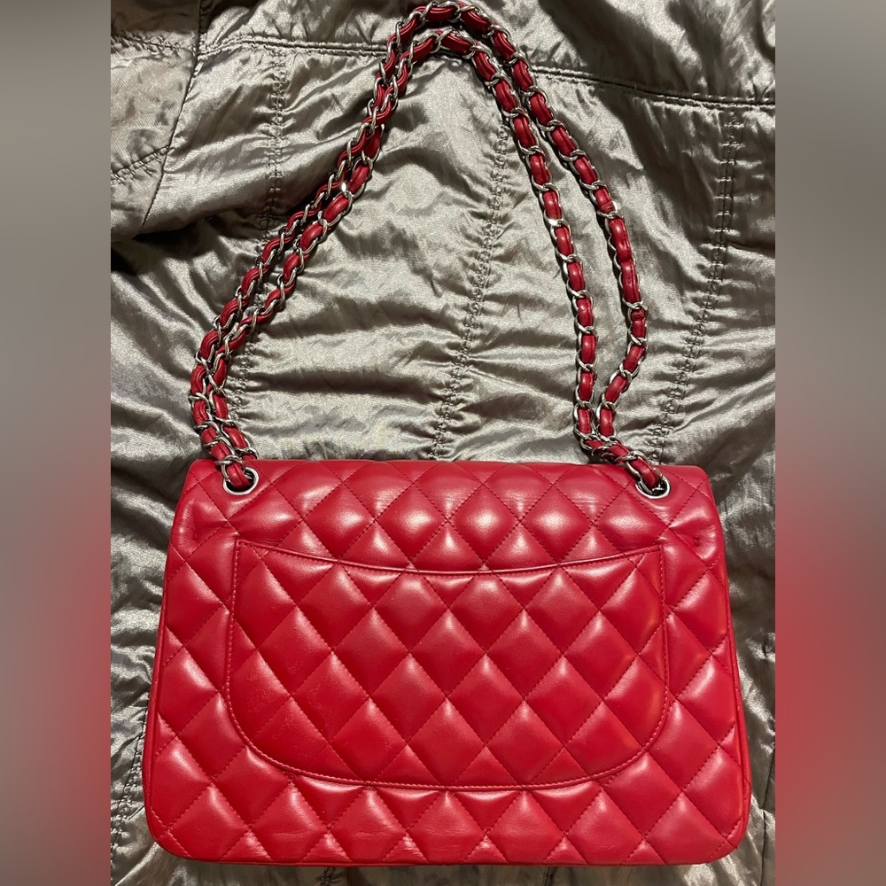Authentic CHANEL Lipstick Red Leather Jumbo Double Flap Bag SHW RARE - Picture 9 of 12